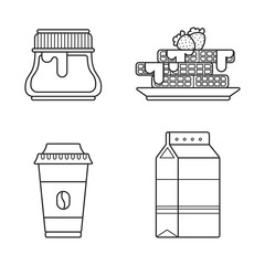 Set icon line paper cup coffe, milk, waffles and jar chocolate paste