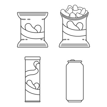 Set icon line soda and bag of chips