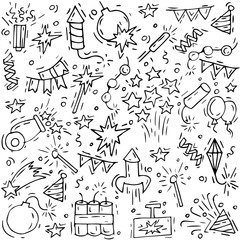 Hand draw firework icon set with petard, stars and pyrotechnics. Festival and event, celebrate and party. Vector pattern.
