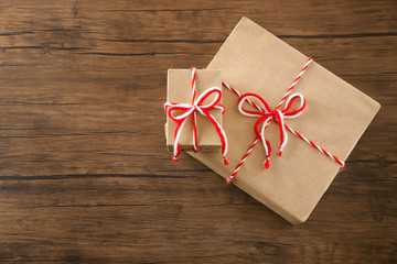 Parcel gift boxes on wooden table