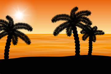 Fototapeta na wymiar Beautiful orange sunset with palm trees and water with waves.