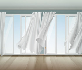 Fototapeta na wymiar Billowing Curtains Open Window Illustration