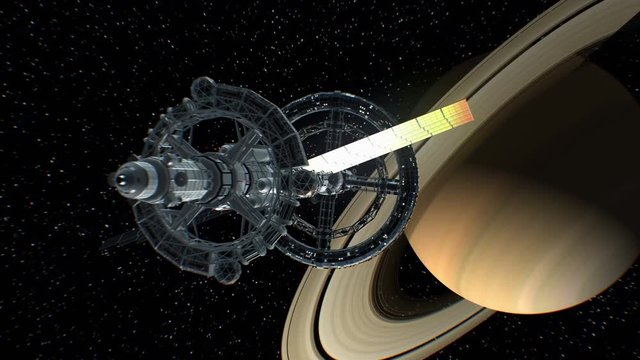 Return From Saturn. Great Spaceship Returns From A Big Space Journey, 3d Animation. Texture Of The Planet Was Created In The Graphic Editor Without Photos And Other Images.