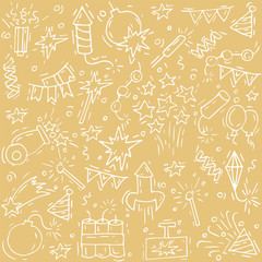 Hand draw firework icon set with petard, stars and pyrotechnics. Festival and event, celebrate and party. Vector colorful pattern.