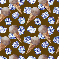 Sweet, delicious dessert and ice cubes. Pattern, watercolor - 191105393