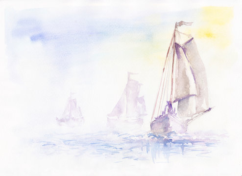 yachting regatta sails on the sea, through the silence and fog. Watercolor.