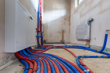 Water pipes of central heating system in boiler room