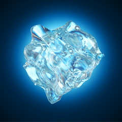 Cube of ice with air balls on a blue background. 3d illustration, 3d rendering.