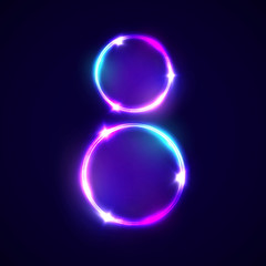 Two neon glowing circles. Decoration for international womens day 8 march. Bright banner on dark blue backdrop. Greeting card for women day design. Neon colorful vector illustration with flash light.