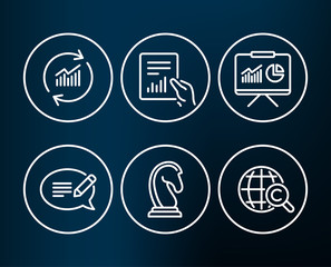 Set of Message, Update data and Presentation icons. Document, Marketing strategy and International Ð¡opyright signs. Speech bubble, Sales statistics, Board with charts. Vector