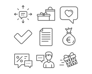 Set of Person talk, Gifts and Love message icons. Tick, Money bag and Sms signs. File, Discounts and Present delivery symbols. Communication message. Birthday boxes. Dating service. Confirm check