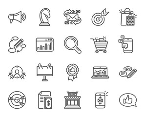 Marketing line icons. Set of Strategy, Feedback and Advertisement campaign signs. Research, Communication and Keywords symbols. Chess Knight, Target and Mail. Quality design elements. Editable stroke