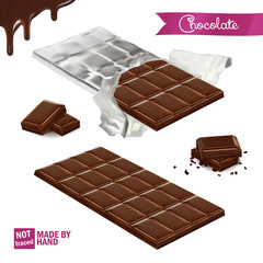 Realistic chocolate bar wrapped in foil. Pieces of chocolate from different angles. Melted chocolate seamless