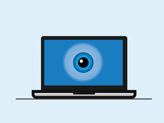 A laptop screen with an eye. Total surveillance. Big brother concept. Stealing confidential data. Concept of protecting information. Biometric identification. Isolated vector illustration