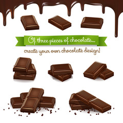 Set of three pieces of chocolate, from which you can create any kind of chocolate variations, copying, mirroring and moving the pieces. Examples created variations. Melted chocolate seamless.