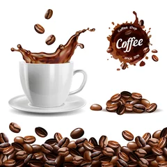 Fotobehang Koffie Realistische vectorreeks elementen (koffiebonenachtergrond, koffiekop, een koffieplons, stapel en vlek, embleem)