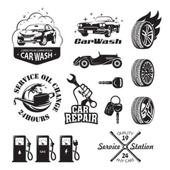 Set of logos and icons relating to service station car: oil change, car wash and polish the car, repair, change of tires, refueling of petrol, gas and electricity