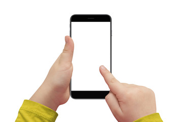 Kid hand holding cellphone with isolated white screen for mockup, isolated on white background.