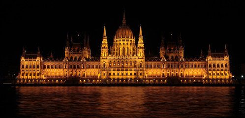 The Parliament of Budapest by night, view from Danube river, Hungary, Europe