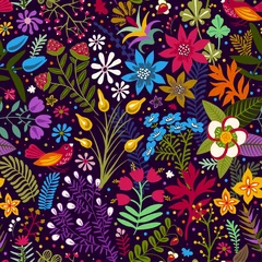 Wandcirkels tuinposter Vector naadloos patroon met gestileerde bloemen en planten. Helder botanisch behang. Veel kleurrijke bloemen op de donkere achtergrond © sunny_lion
