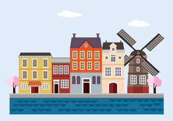Colorful houses with windmill, blossoming trees and sea. Netherlands, Dutch town. Flat design, vector illustration, web banner. Travel concept.