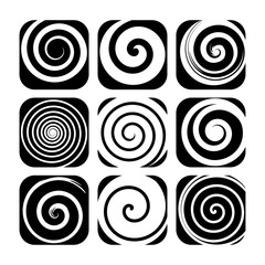 Set of spiral motion elements, black isolated objects, different brush texture, abstract vector illustrations.