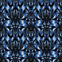 Abstract modern floral seamless pattern. Black vector background with blue hand drawn flowers, leaves, damask ornaments. Shiny design with shadows and highlights. Surface texture for fabric, textile
