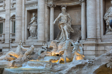 Sunset view of  Trevi Fountain (Fontana di Trevi) in city of Rome, Italy