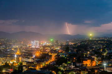 Fototapeta premium Heavy thunderstorm in Sarajevo at night