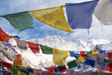 Mount Annapurna with buddhist prayer flags