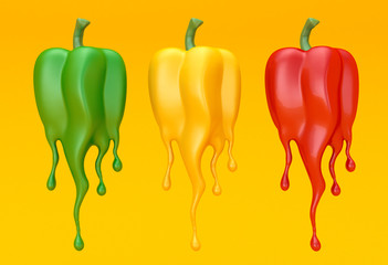 Background with isolated paprika and a splash of ketchup, sauce, juice. 3d illustration, 3d rendering.