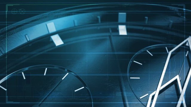 A macro closeup of a modern neon lit watch face focusing on the second hand counting down the last ten seconds to midnight overlaid with a technical data analysis interface - Powered by Adobe