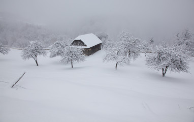 winter in the mountains - small Romanian village in the Carpathians covered with snow