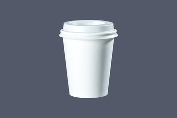 isolate white paper cup/ white coffee cup with cappuccino on a gray background coffee to go with plastic cover. Isolate