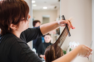 Fototapeta premium Stylist hairdresser doing haircut closeup of work equipment, the beauty industry