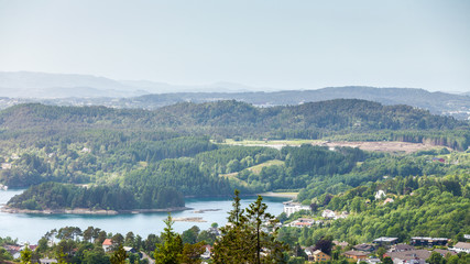 View from hill of Bergen and fjord landscape in Norway