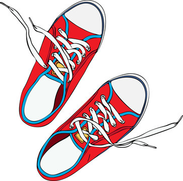 a pair of red trampled old shoe with laces untied white