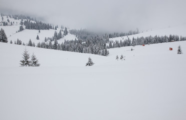winter in the mountains - small Romanian village in the Carpathians covered with snow