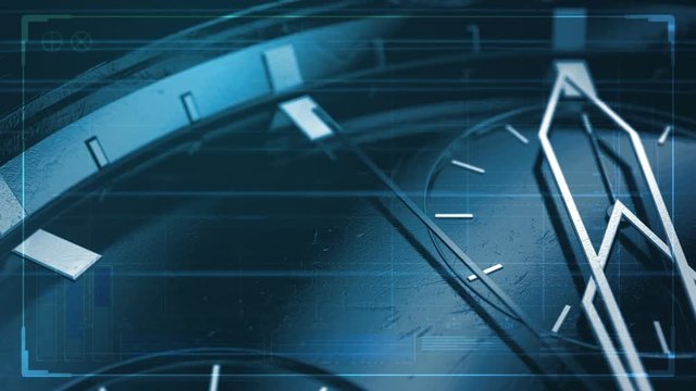 A macro closeup of a modern neon lit watch face focusing on the second hand counting down the last ten seconds to midnight overlaid with a technical data analysis interface - Powered by Adobe