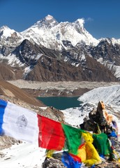 Mount Everest and Lhotse with buddhist prayer flags