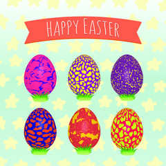 Easter eggs set. Colorful holiday patterns. Realistic Easter eggs. 3D. Vector background. Spring holiday ornament.Decorative collection on artistic background. Vintage vector design illustration.