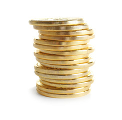 Stack of golden bitcoins on white background