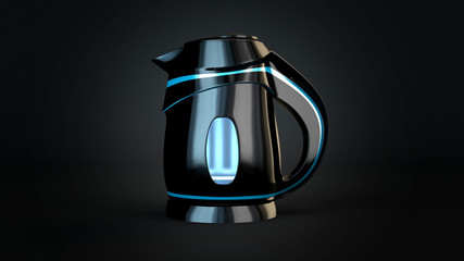 Stylish isolated plastic electric kettle on a black background. 3d illustration, 3d rendering.