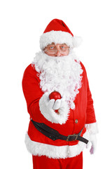 Santa Claus with Christmas ball, isolated on white background.