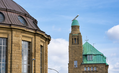 View of St. Pauli's Pier Landungsbrücken station tower in Hamburg