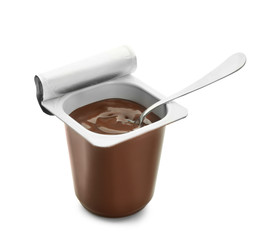 Plastic cup with chocolate yogurt on white background