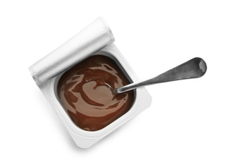 Plastic cup with chocolate yogurt on white background
