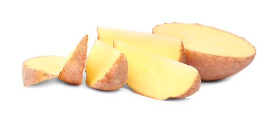 Fototapeta na wymiar Raw fresh sliced potato on white background