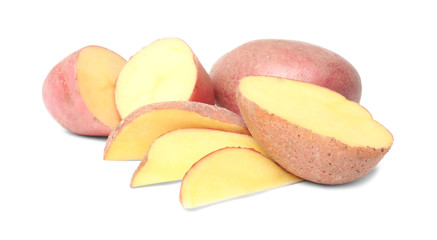 Raw fresh sliced potato on white background