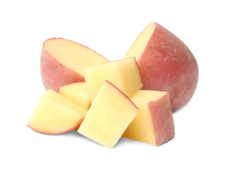 Raw fresh sliced potato on white background